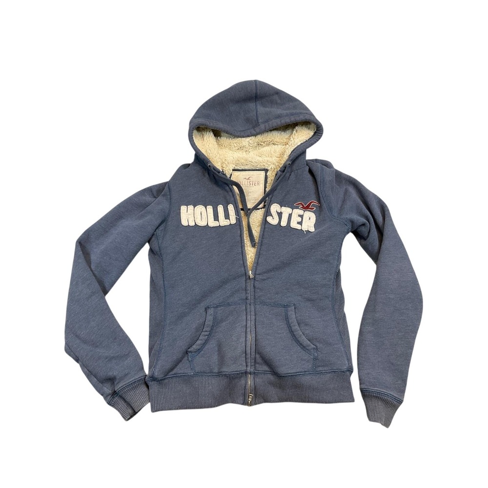 Hollister Zip Up Hoodie Womens L Blue Sherpa Lined Logo Sweatshirt Vintage Y2K